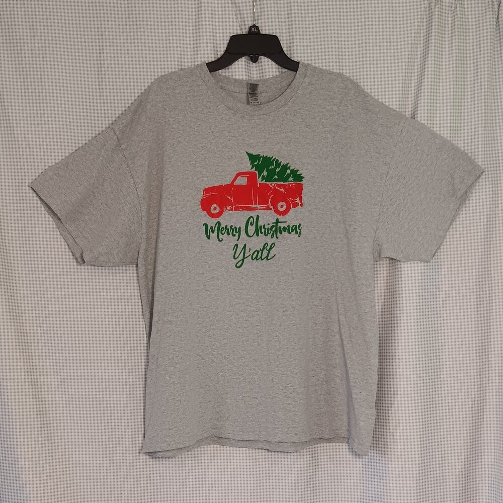 Gildan Merry Christmas Y'all Red Pick Up Truck Holiday Gray T Shirt Plus Size 2X